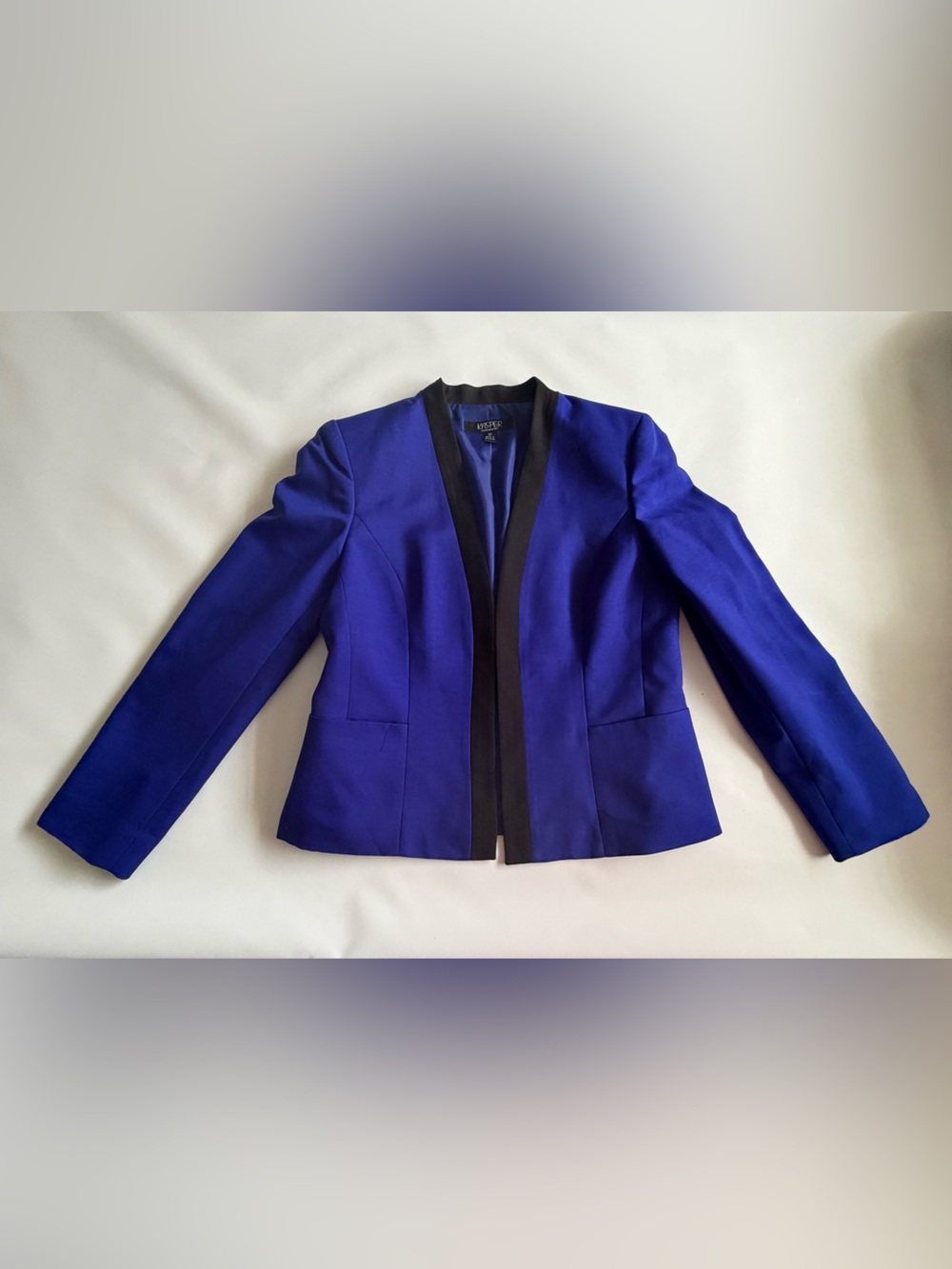 Cobalt Blue Open Front Blazer Black Trim Cropped Jacket Size 10